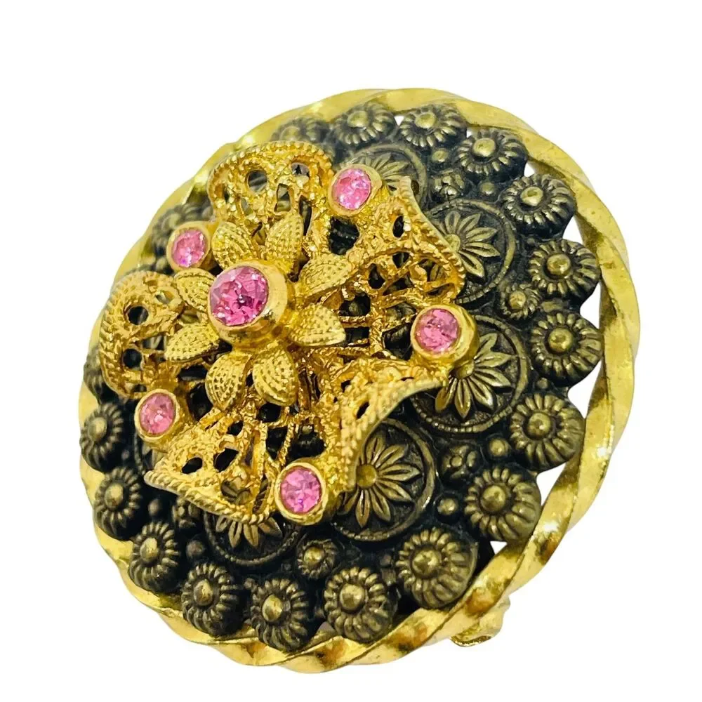 Vintage CZECHO signed gold plated pink rhinestones brooch